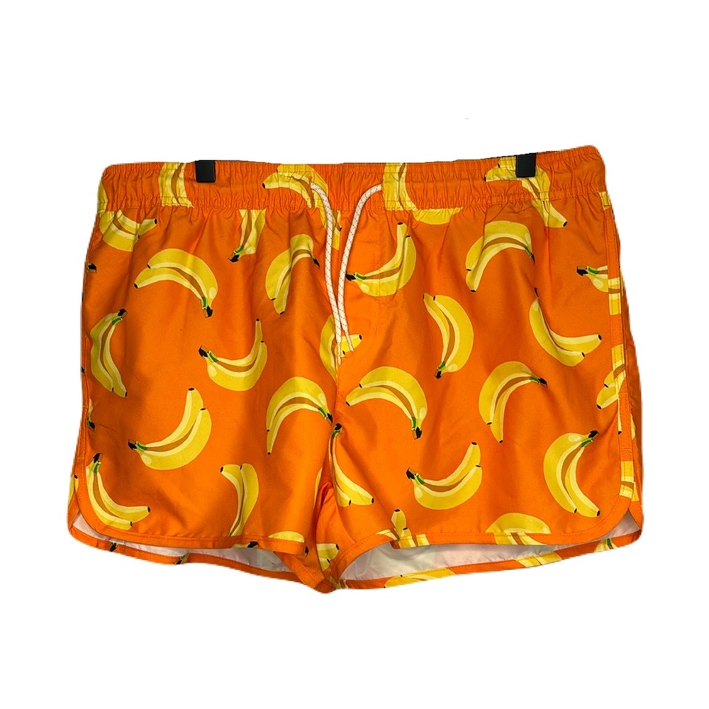 NWT H&M Large All Over Banana Print 3” Inseam Swim Trunks Shorts Orange Mesh